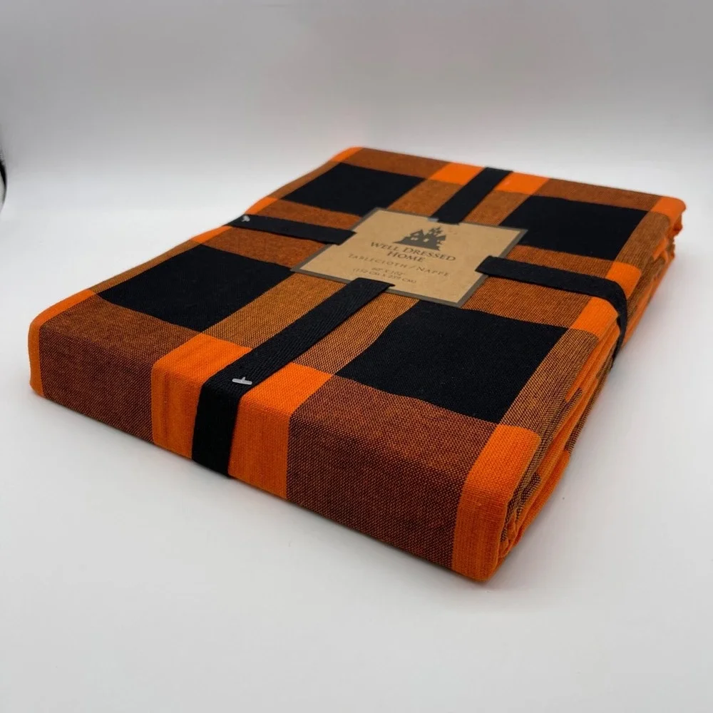 Well Dressed‎ Home Fall Black & Orange Plaid Tablecloth and 12 Napkins Set